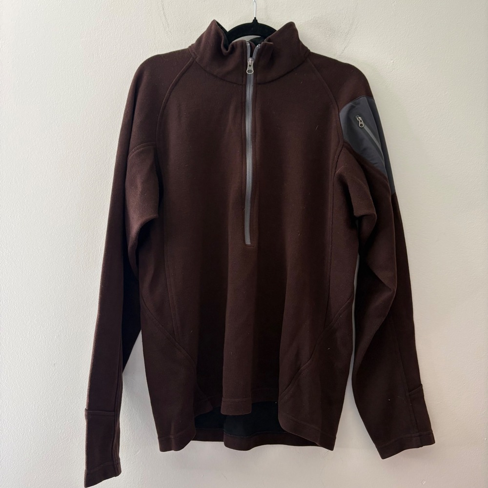 Outdoor Research mens Brown Wool Blend Quarter Zip Pullover Arm Pocket Large